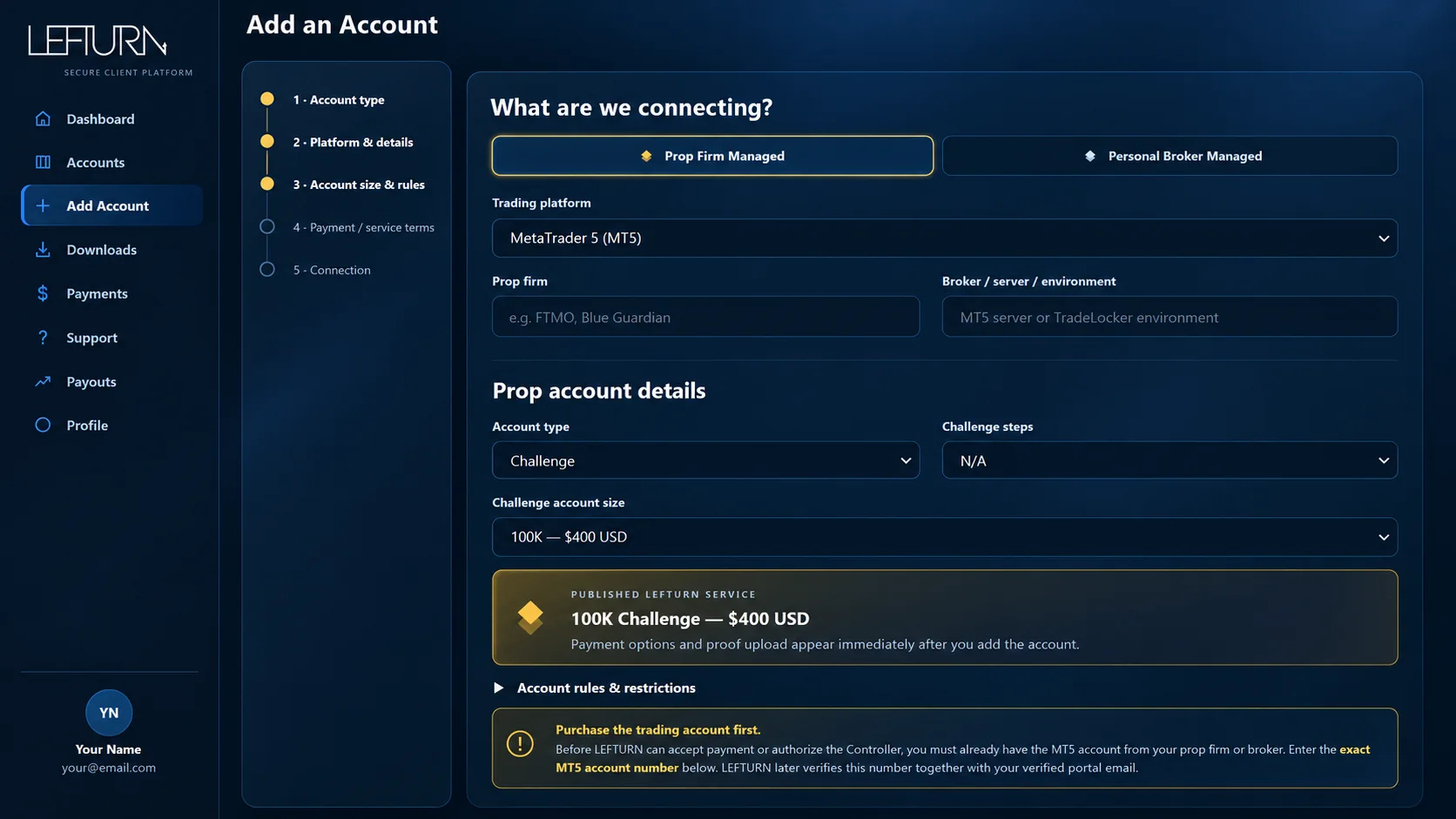 LEFTURN add-account form preview